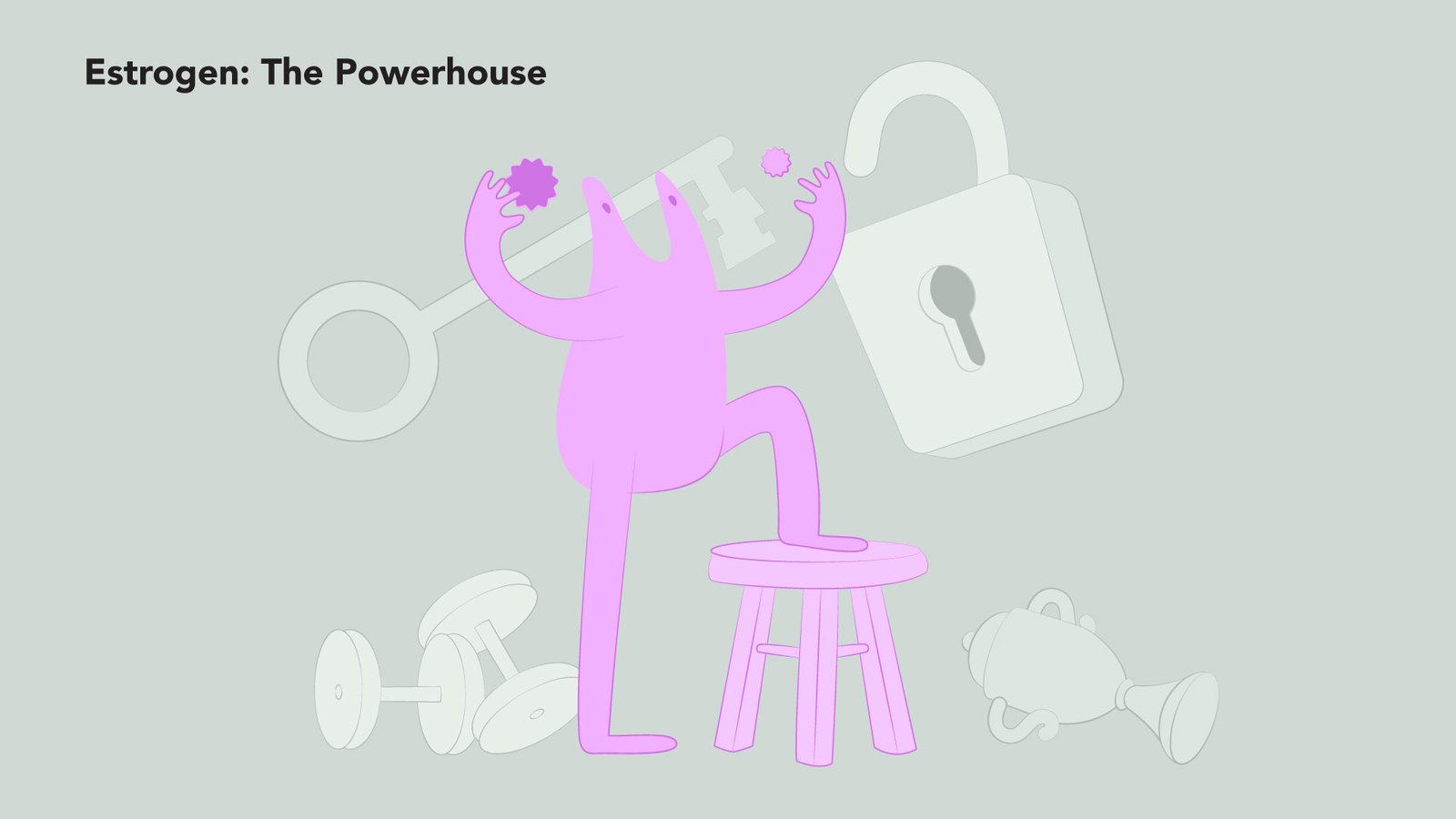 Illustration titled “Estrogen: The Powerhouse” showing a pink character confidently standing on a stool holding estrogen molecules, with symbolic icons of strength, unlocking, and victory in the background.
