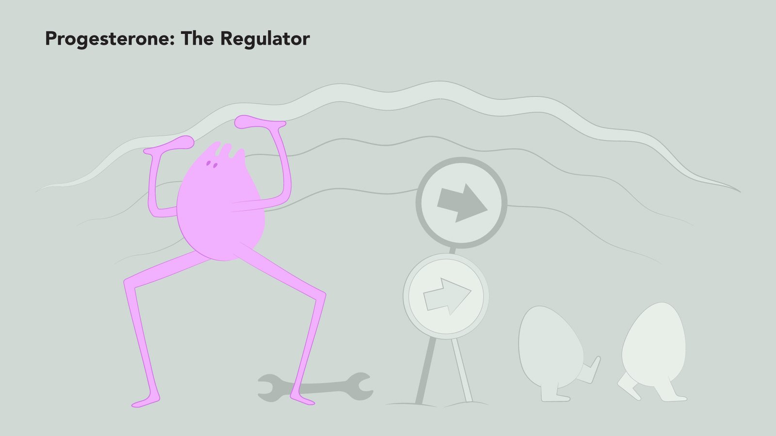 Illustration titled “Progesterone: The Regulator” featuring a pink character balancing beneath wavy lines, with directional signs, tools, and egg icons symbolizing control, guidance, and reproductive regulation.