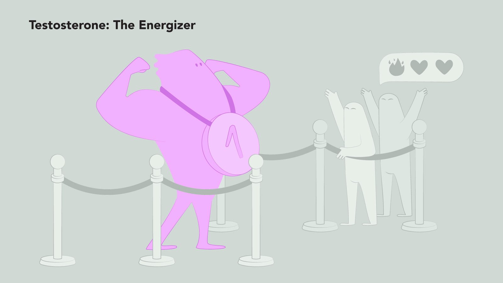 Illustration titled “Testosterone: The Energizer” showing a confident, muscular pink character flexing inside a rope barrier while fans cheer with emoji reactions, symbolizing energy, strength, and admiration.