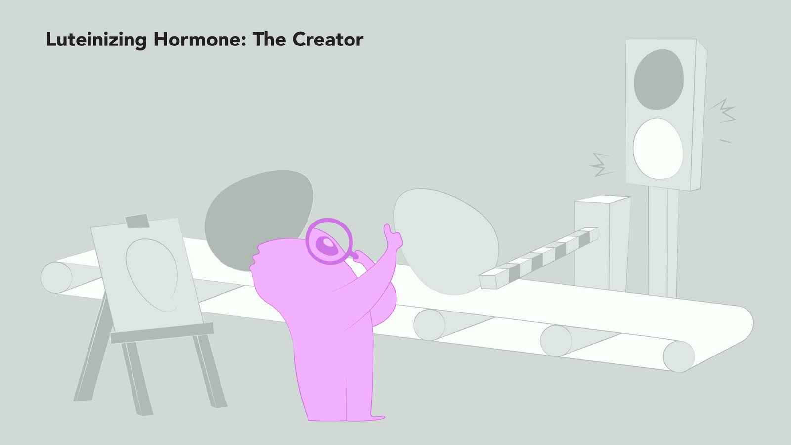 Illustration titled “Luteinizing Hormone: The Creator” showing a pink character inspecting and approving eggs on a conveyor belt, symbolizing the hormone’s role in triggering ovulation and supporting egg maturation.
