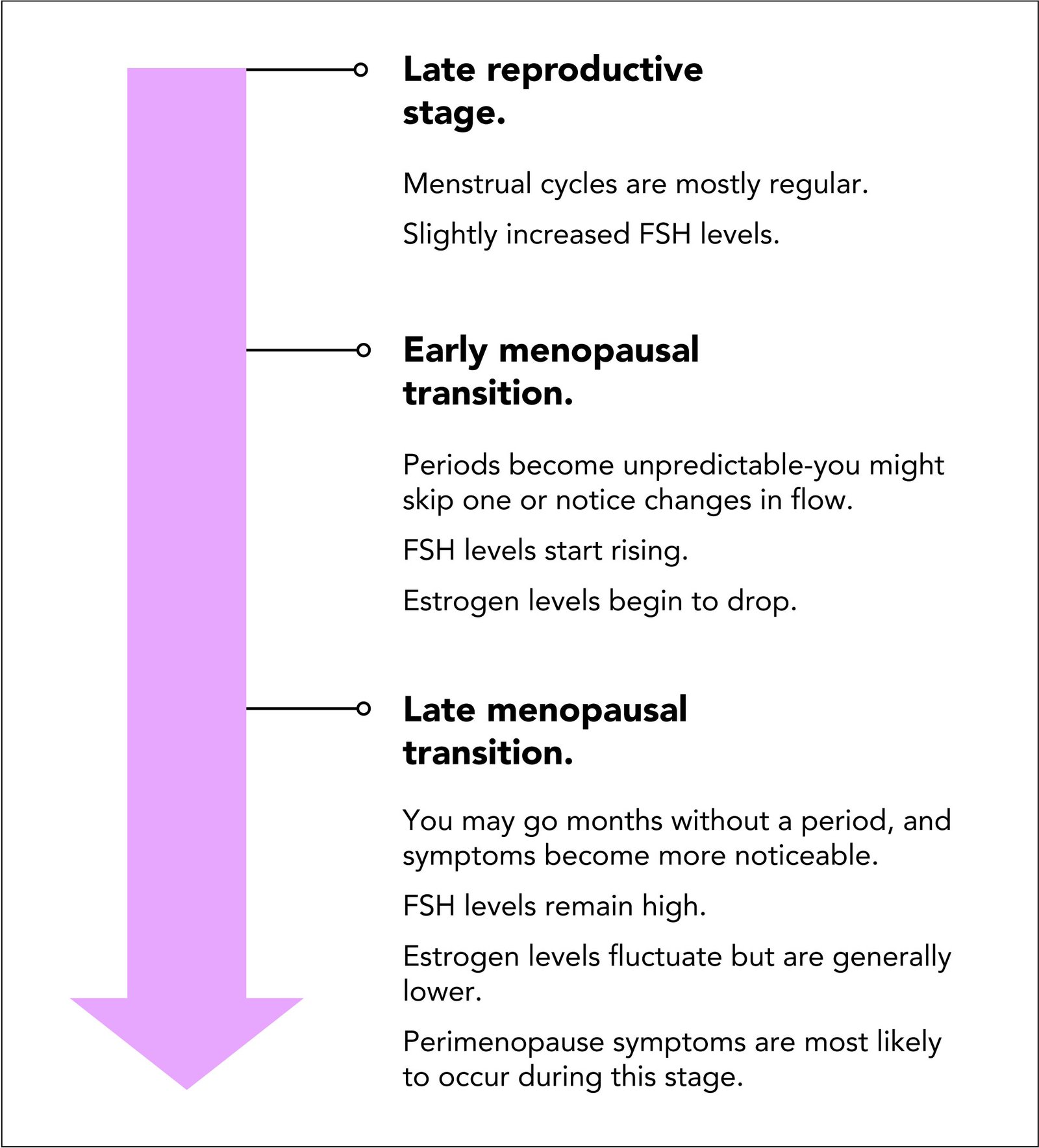 An infographic with a downward-pointing purple arrow illustrates the stages of reproductive aging in people with ovaries: Late reproductive stage Menstrual cycles are mostly regular. Follicle-stimulating hormone (FSH) levels are slightly increased. Early menopausal transition Periods become unpredictable; you might skip one or notice changes in flow. FSH levels start rising. Estrogen levels begin to drop. Late menopausal transition You may go months without a period, and symptoms become more noticeable. FSH levels remain high. Estrogen levels fluctuate but are generally lower. Perimenopause symptoms are most likely to occur during this stage. The stages are aligned vertically along the arrow to indicate progression over time.