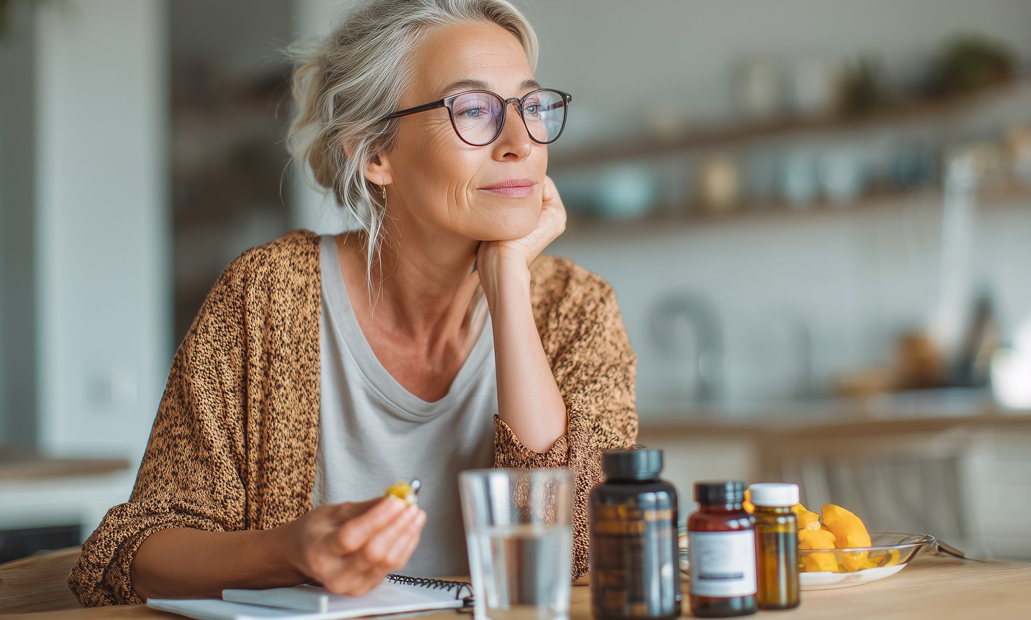 woman in menopause with supplements an a table