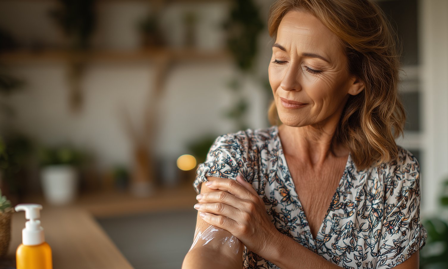 hormone replacement therapy A middle aged woman applies gel cream on outer arms