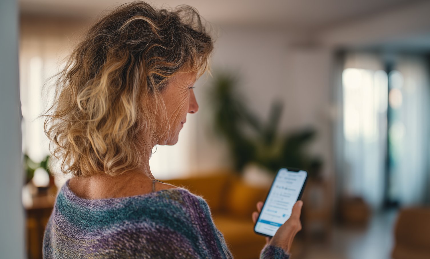 HRT middle aged woman is tracking her symptoms on her phone