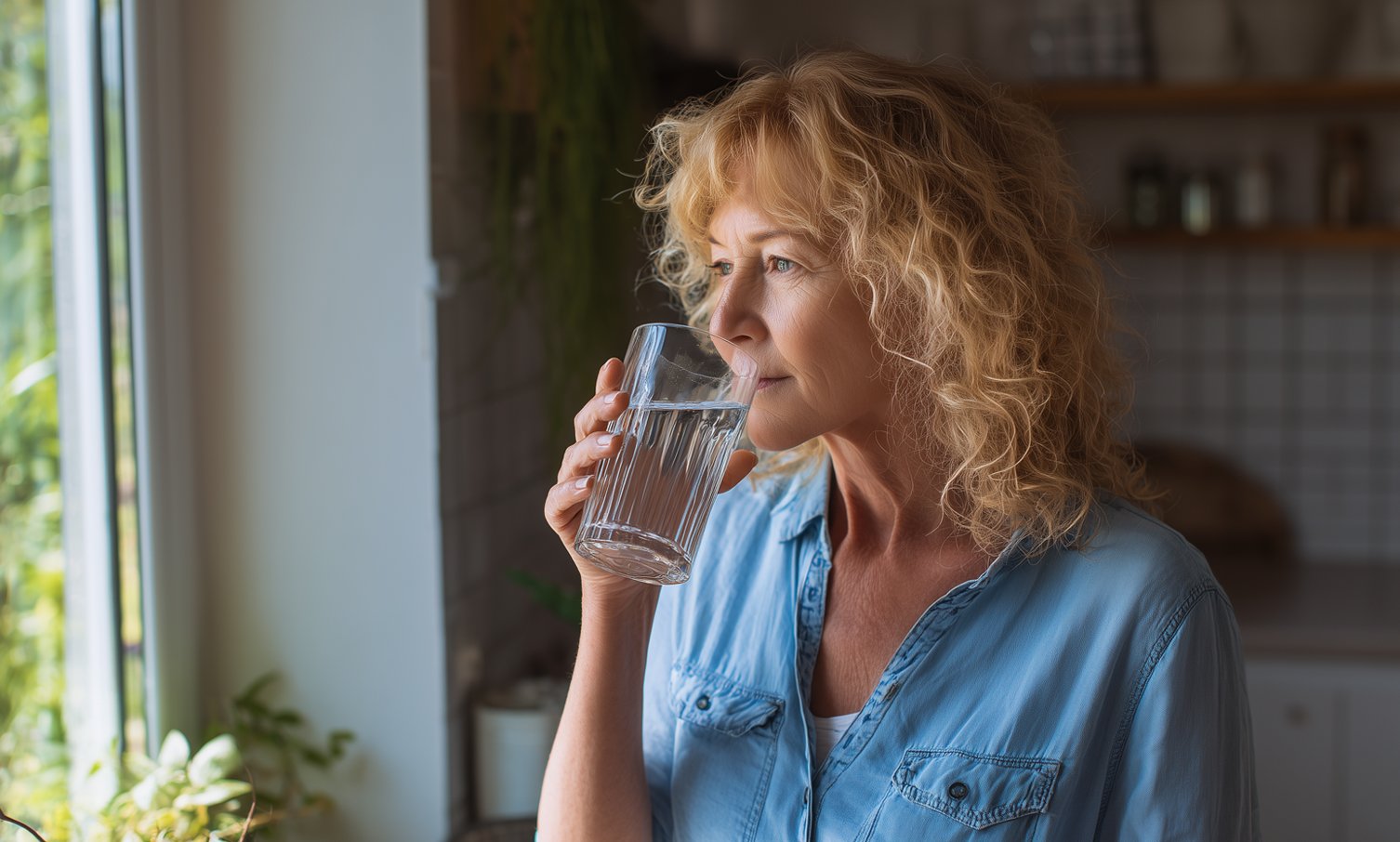 an older woman drinks water from the glass hydration