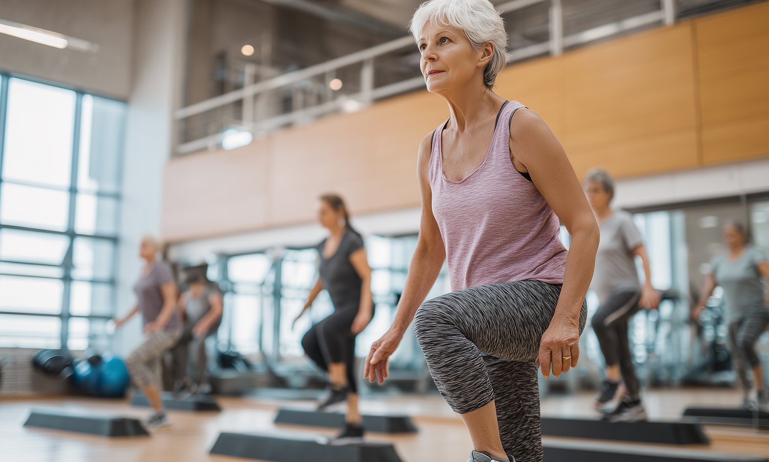 an older woman making aerobic on steps gym wellness health