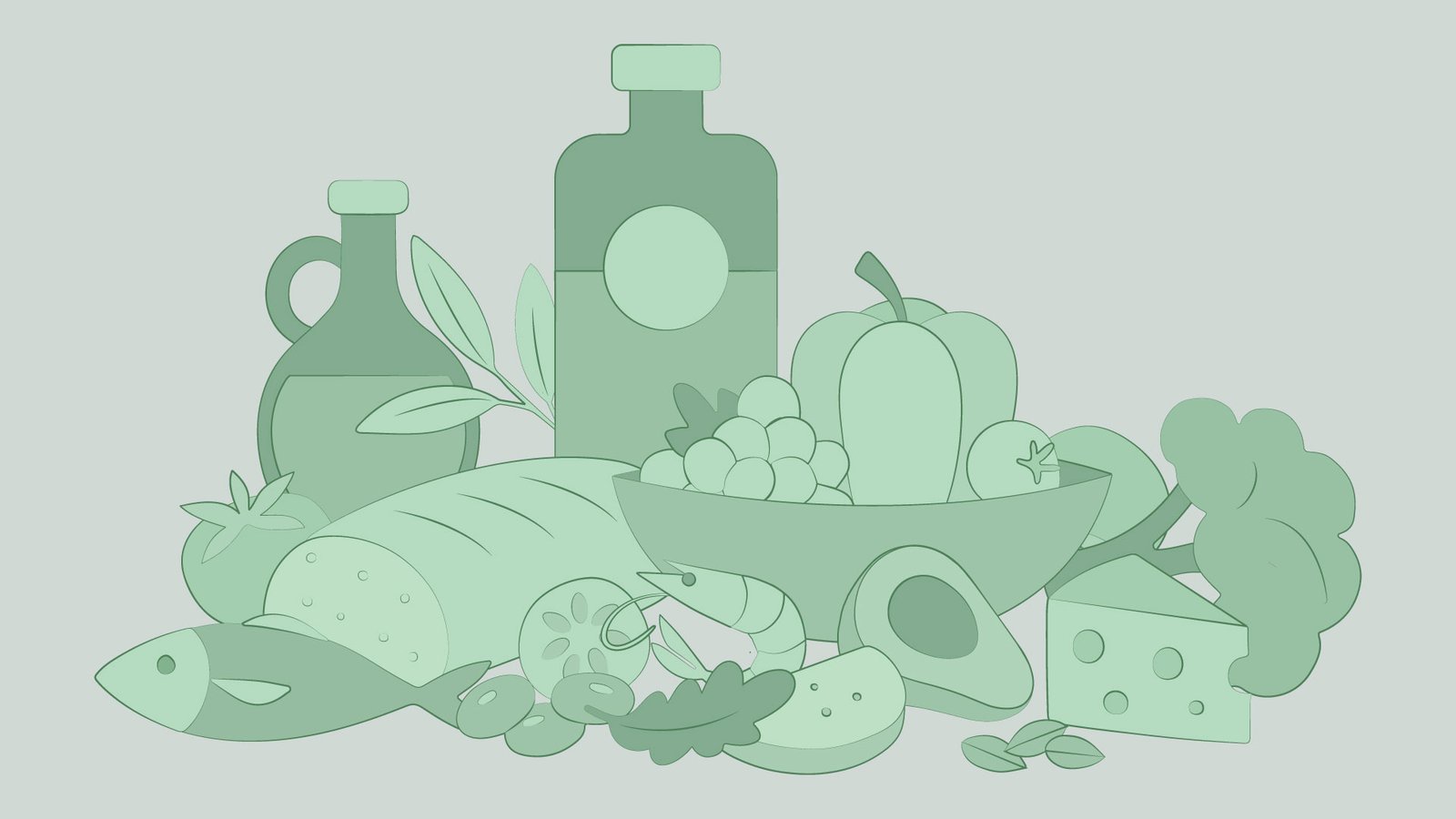 An illustration that shows mediterranean diet foods.