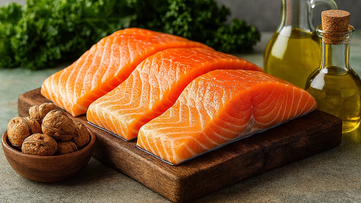 An image that shows salmon fish, walnuts, and vegetable oil.