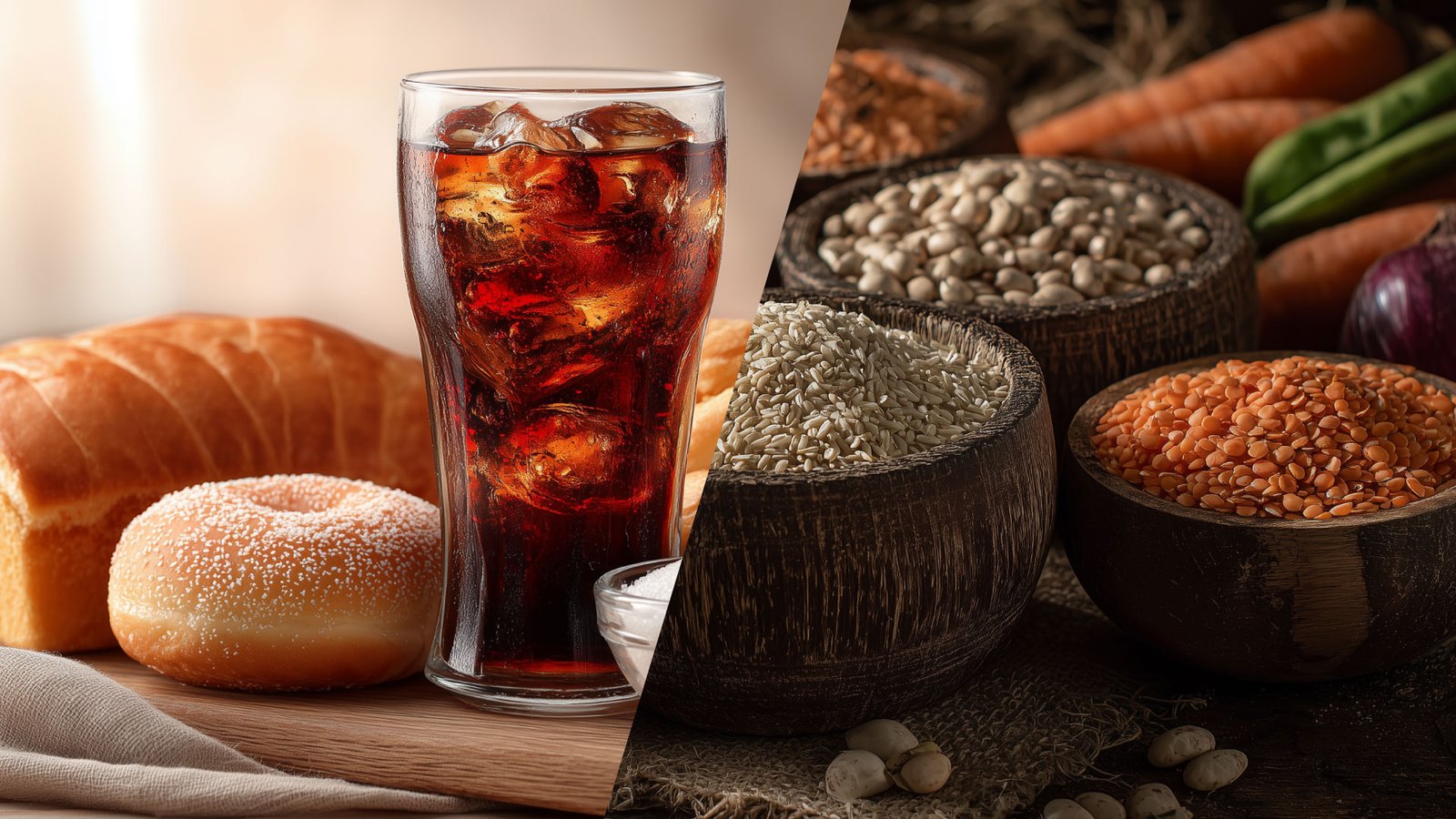 Photo comparison. On one side: Simple Carbs – sugary drinks, white bread, pastries. On the other – Complex Carbs: whole grains, legumes, vegetables, fruits.