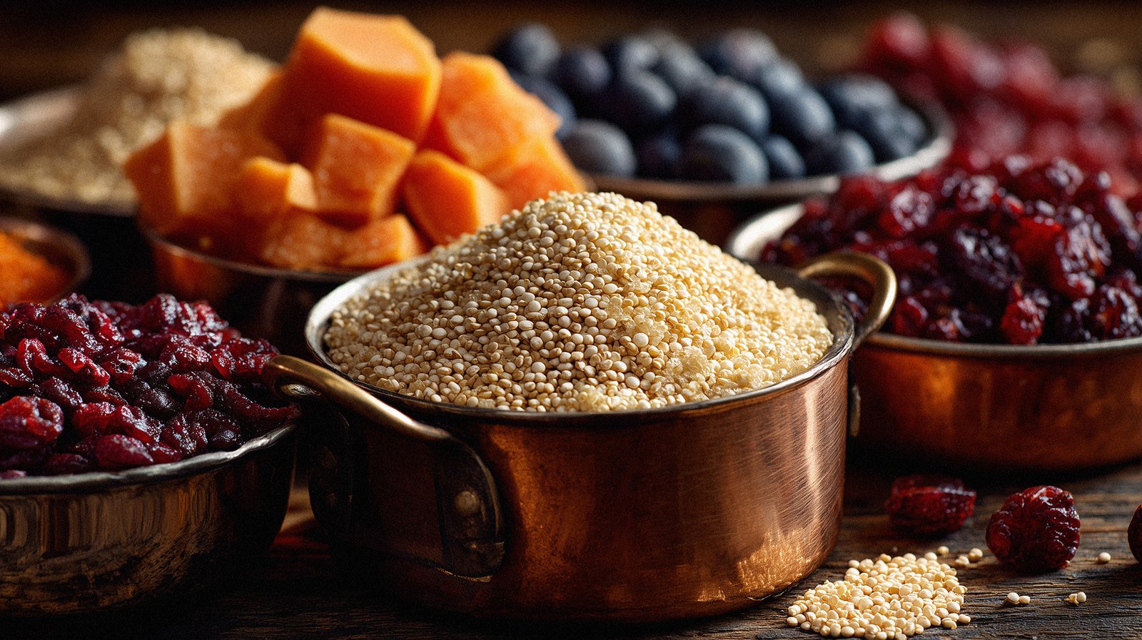 A photo of Steel-cut oats, sweet potatoes, quinoa, beans, berries.