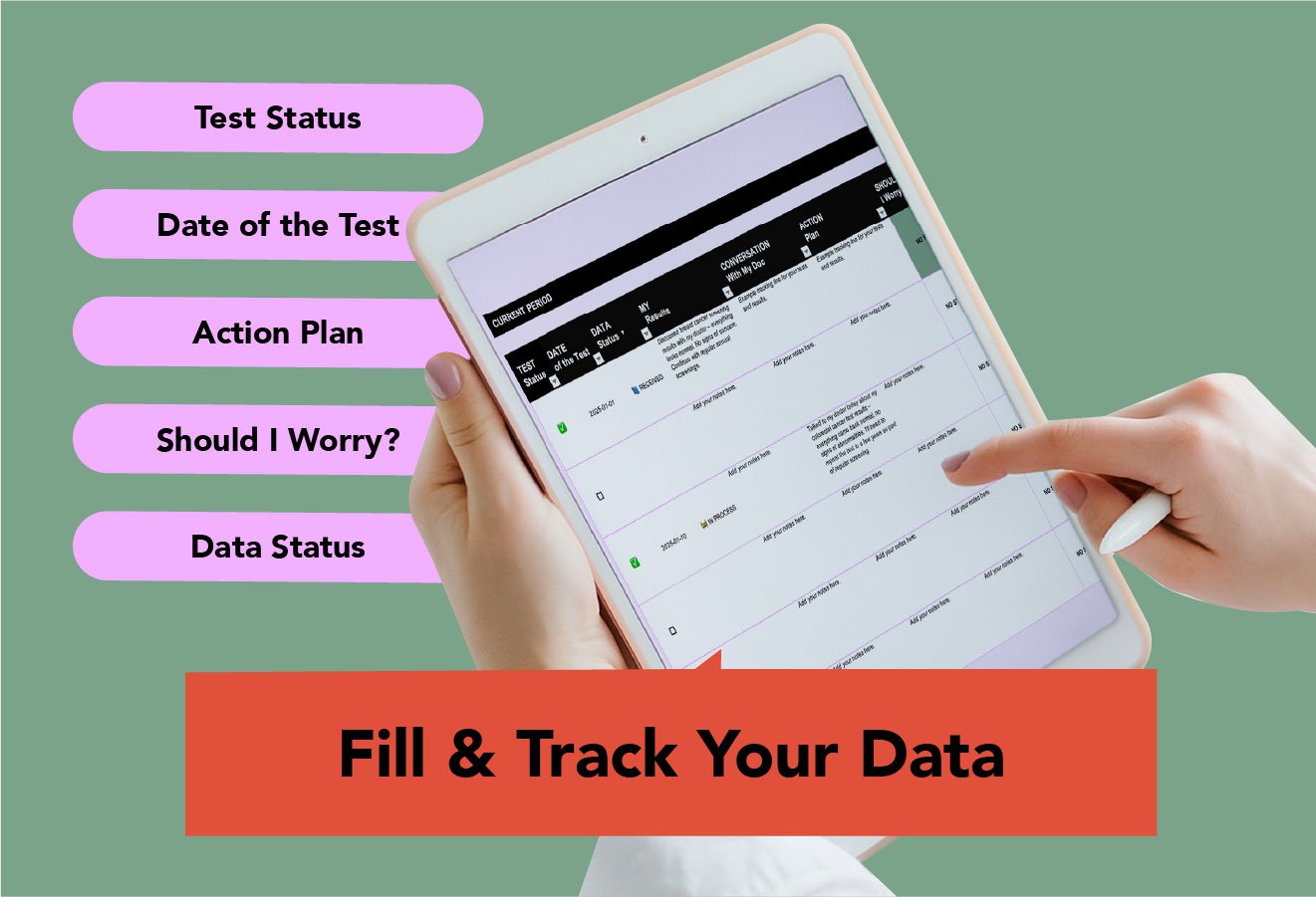 Ticking Biology, Medical Tests For Women 40+, Interactive Tracker, Fill & Track Your Data, Test Status, Date Of The Test, Action Plan, Should I Worry, Data Status