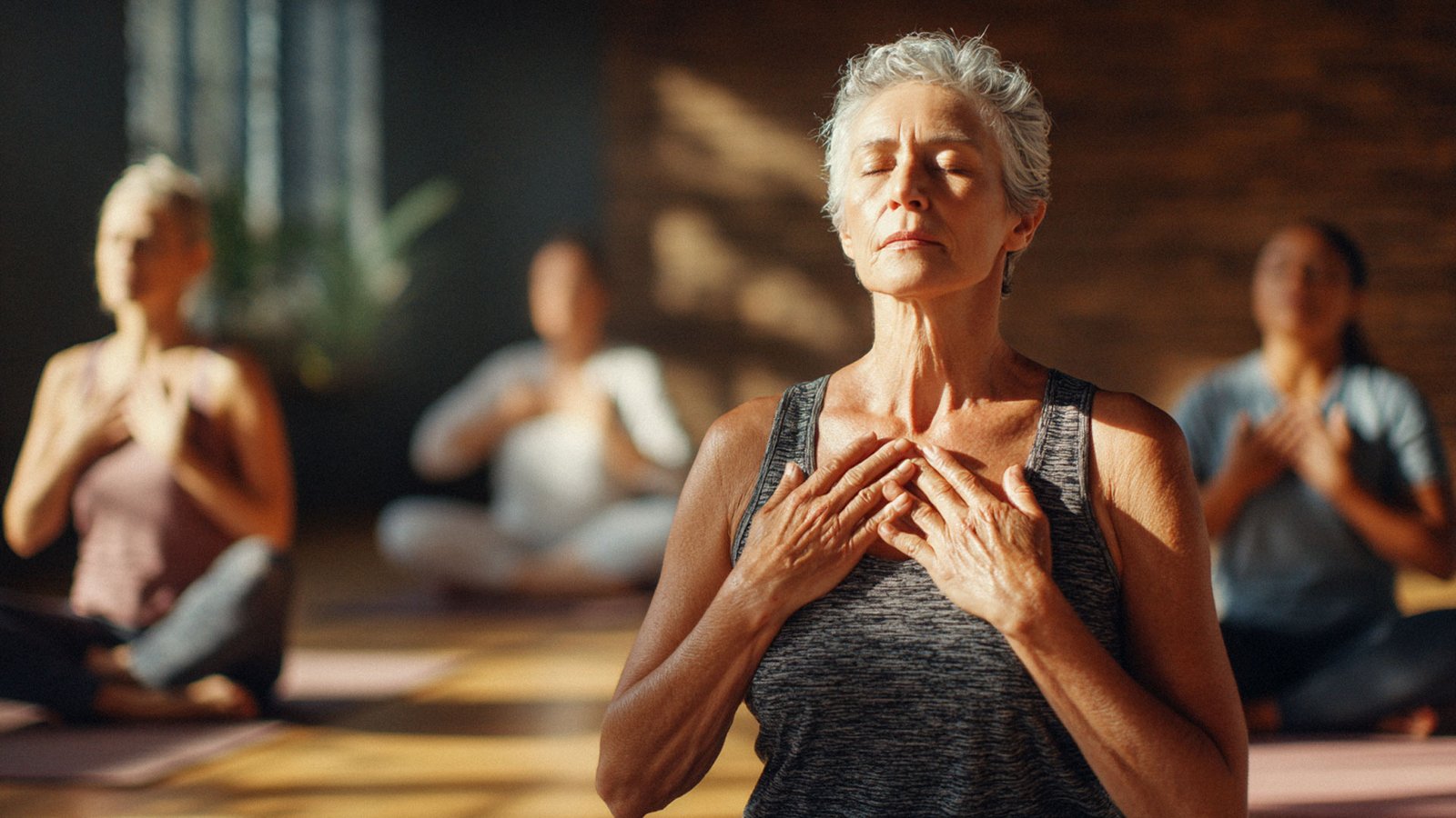 An older woman with short gray hair sits cross-legged in a yoga class, eyes closed, with hands placed gently on her chest while practicing mindful breathing.