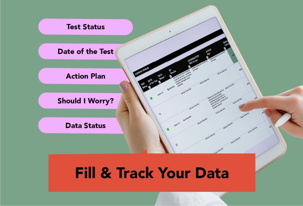 Ticking Biology, Medical Tests For Women 40+, Interactive Tracker, Fill & Track Your Data, Test Status, Date Of The Test, Action Plan, Should I Worry, Data Status