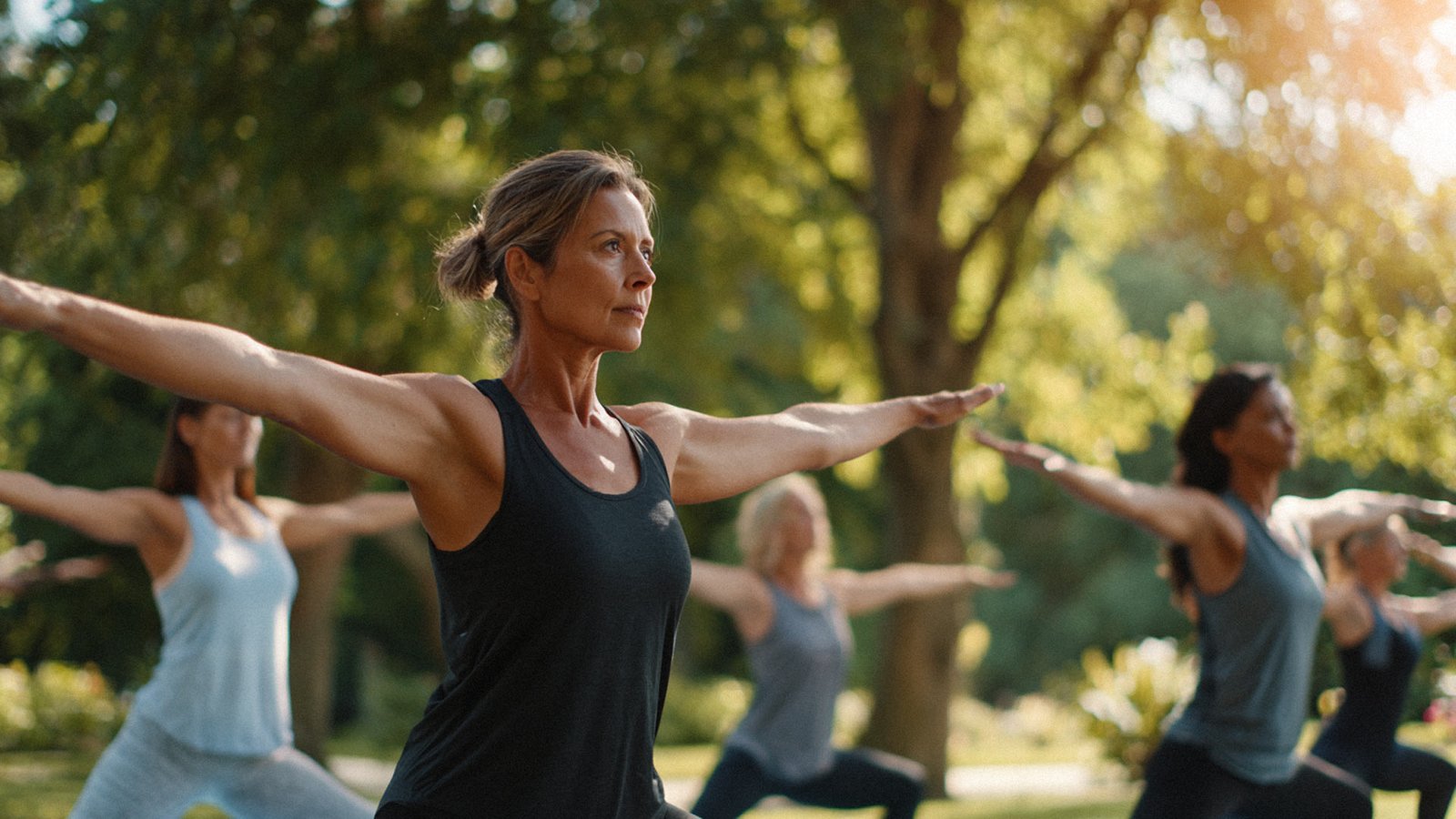 A group of women practicing yoga outdoors, holding the warrior pose with arms extended in a sunlit park.