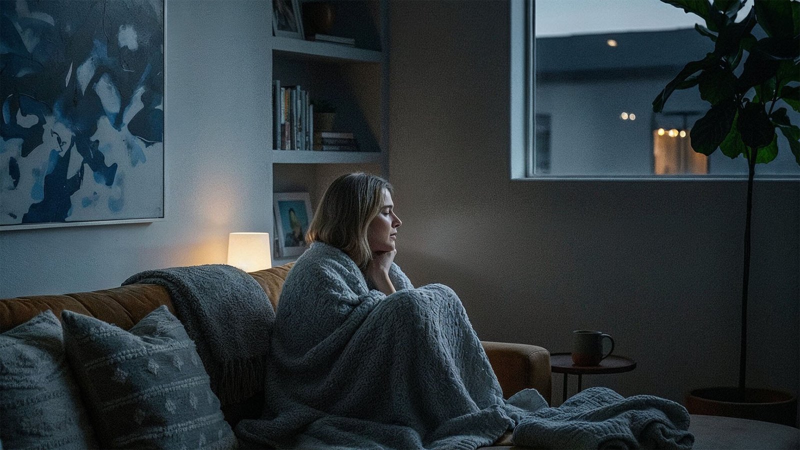 Woman wrapped in a blanket on a couch in a dimly lit room, looking pensive.