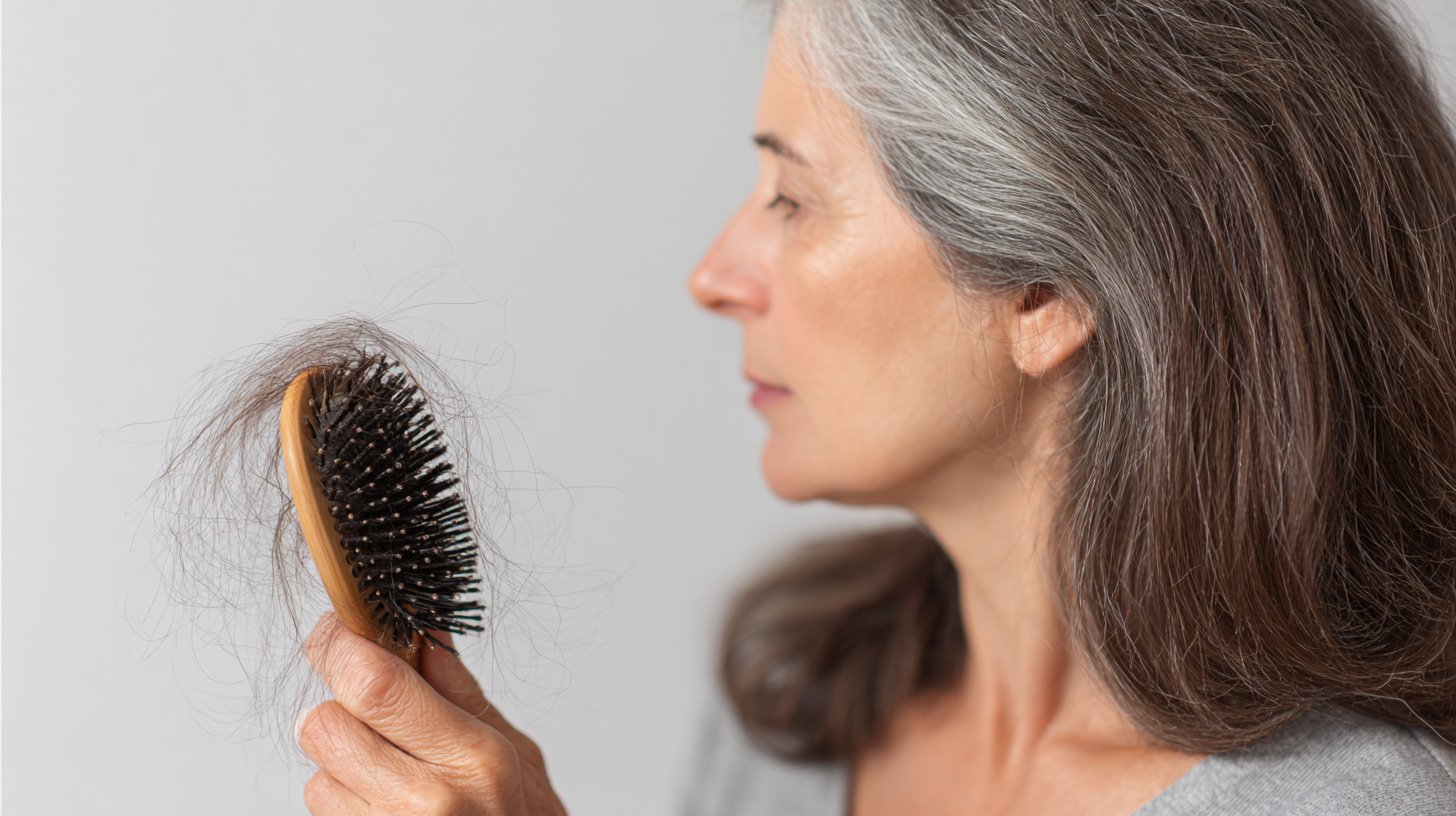 Woman with graying hair looking at a hairbrush full of shed hair.