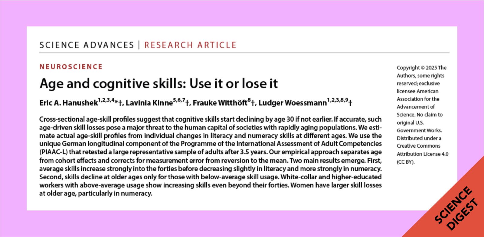 Screenshot of a Science Advances research article titled “Age and cognitive skills: Use it or lose it,” summarizing findings on how literacy and numeracy skills change with age.