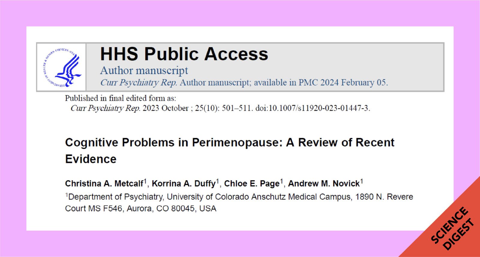 Screenshot of a scientific paper titled “Cognitive Problems in Perimenopause: A Review of Recent Evidence,” published in Current Psychiatry Reports, showing the HHS Public Access banner and author information.